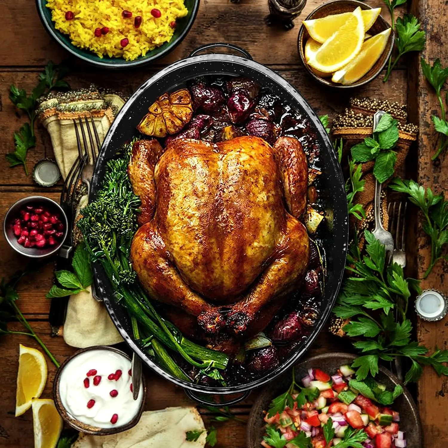 JY COOKMENT Granite Roaster Pan, 18' Enameled Roasting Pan with Domed Lid. Oval Turkey Roaster, Great for Chicken, Lamb, Vegetable. Dishwasher Safe Cookware Fit for 18Lb Turkey