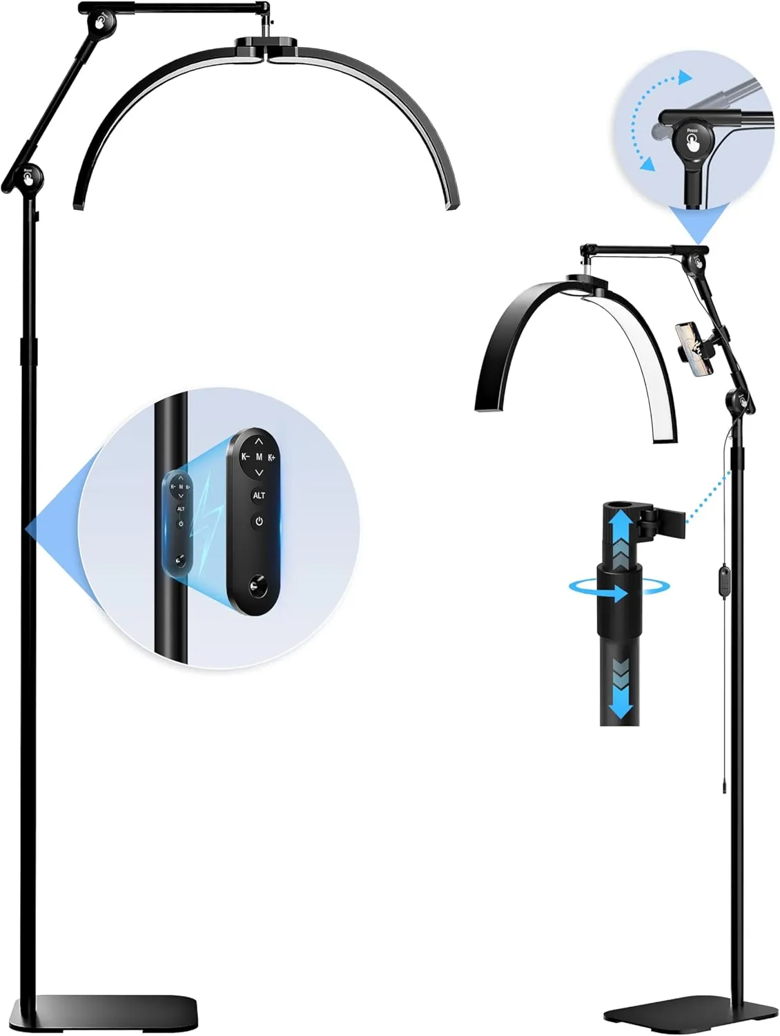 KARITE Half Moon Light for Lash Tech, LED Floor Lamp for Eyelash Extensions with Phone Holder, Adjustable Angle(3 Joints) & Height Desk Lamp for Nail Tch, 3000-6500K for Reading Makeup Tattoo