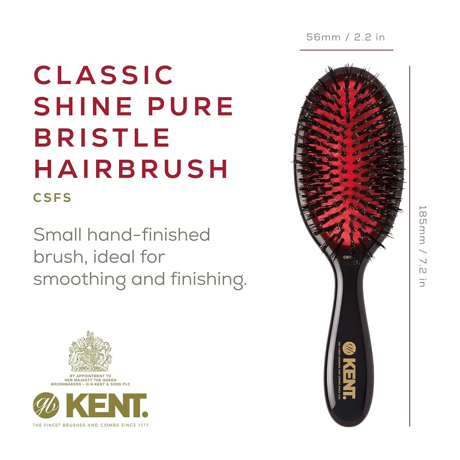 Kent CSFS Classic Shine Large Oval Cushion Straightening Brush and Hair Detangler - Natural Black Boar Bristle Hair Brush - Shine Hair Brush and Scalp Scrubber for Short or Shoulder-Length Thick Hair