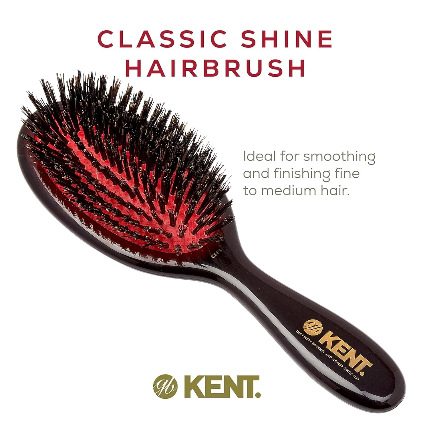 Kent CSFS Classic Shine Large Oval Cushion Straightening Brush and Hair Detangler - Natural Black Boar Bristle Hair Brush - Shine Hair Brush and Scalp Scrubber for Short or Shoulder-Length Thick Hair