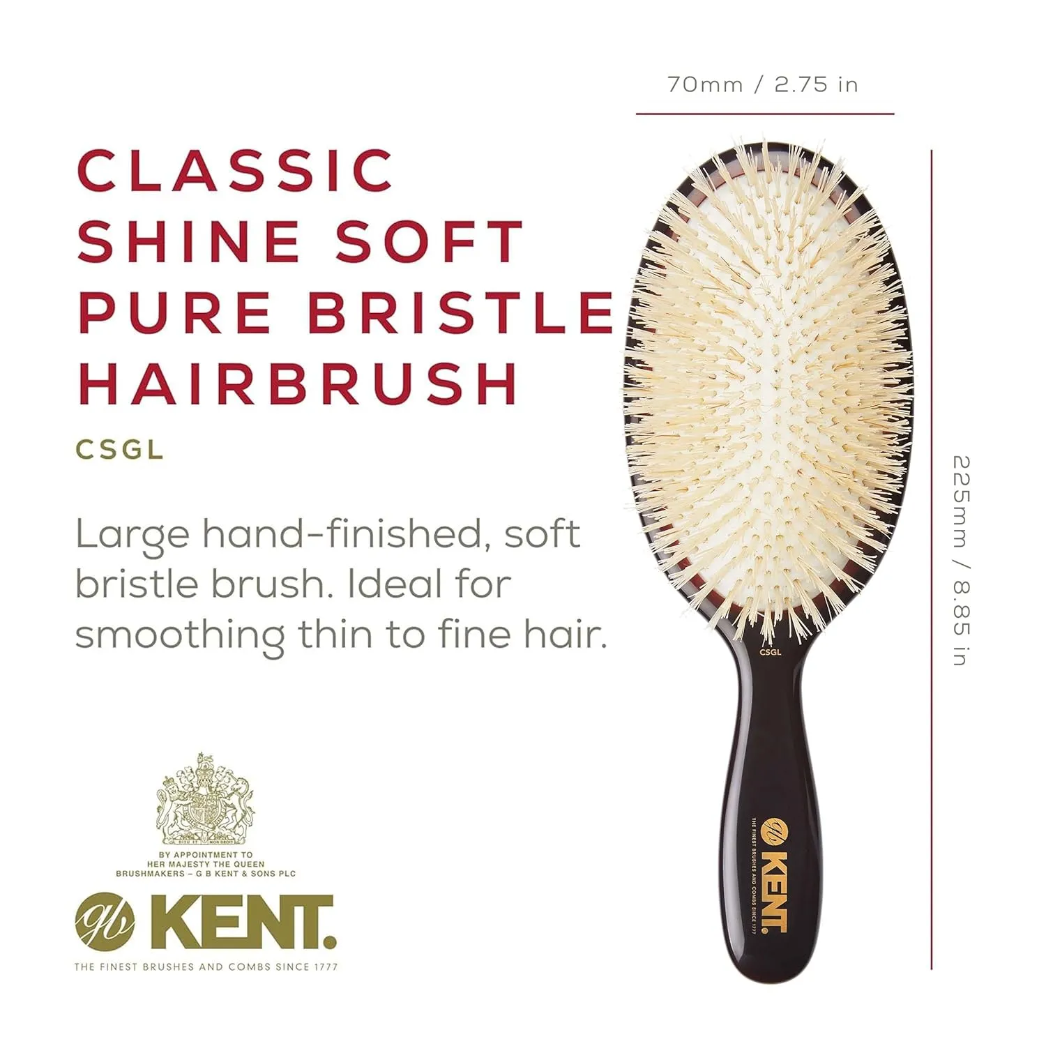 Kent CSGL 9" Large Oval Cushion Straightening Brush and Scalp Brush – Natural White Boar Bristles Hair Brush for Fine or Thinning Hair – Large Cushion Shine & Smoothing (  Hair Brush Cleaner)