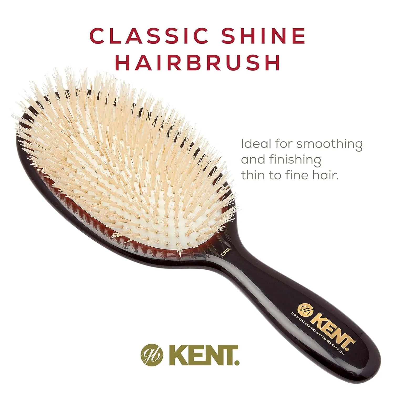 Kent CSGL 9" Large Oval Cushion Straightening Brush and Scalp Brush – Natural White Boar Bristles Hair Brush for Fine or Thinning Hair – Large Cushion Shine & Smoothing (  Hair Brush Cleaner)