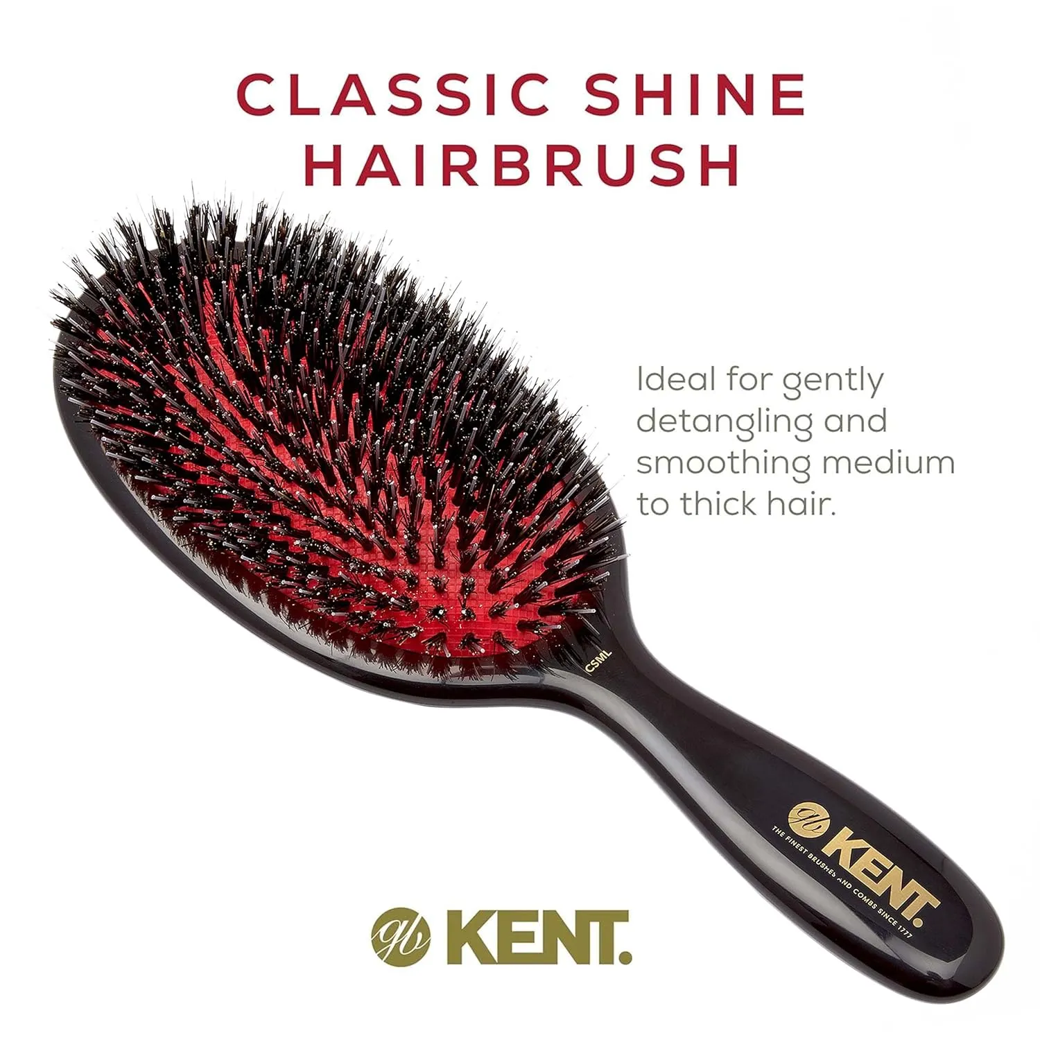Kent CSML 9" Classic Shine Large Oval Cushion Straightening Brush - Natural Boar Bristle Hair Brush with Nylon Quills - Shine Hair Brush and Scalp Brush for Medium to Thick Hair (  Hair Brush Cleaner)