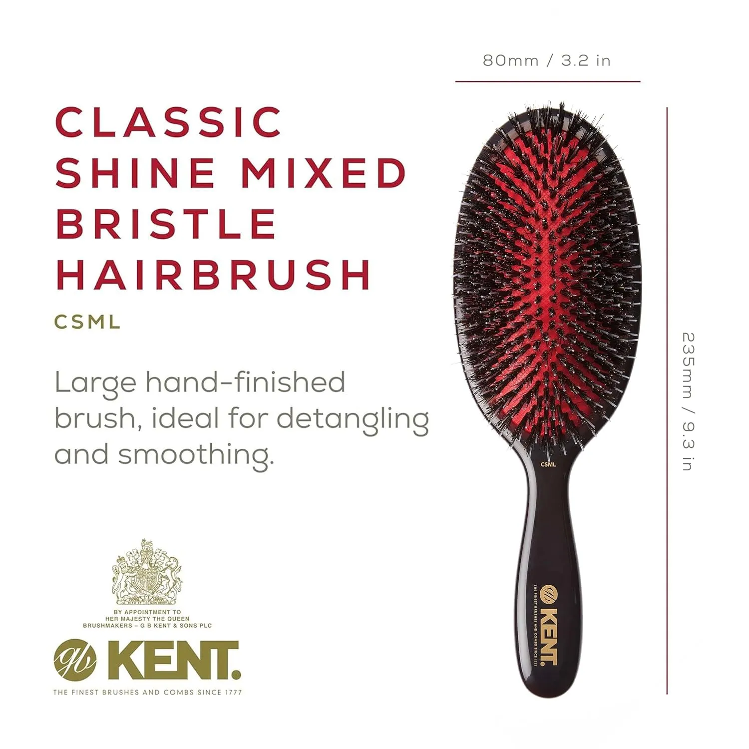 Kent CSML 9" Classic Shine Large Oval Cushion Straightening Brush - Natural Boar Bristle Hair Brush with Nylon Quills - Shine Hair Brush and Scalp Brush for Medium to Thick Hair (  Hair Brush Cleaner)