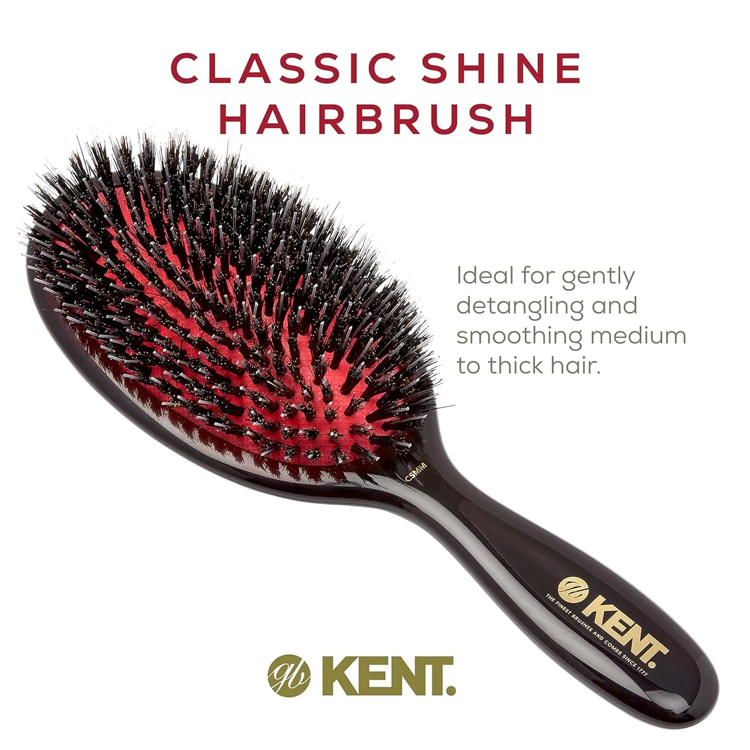 Kent CSMM Classic Shine Medium Oval Cushion Straightening Brush - Natural Black Boar Bristle Hair Brush with Nylon Quills - Shine Hair Brush and Scalp Scrubber for Shoulder to Mid Length Hair