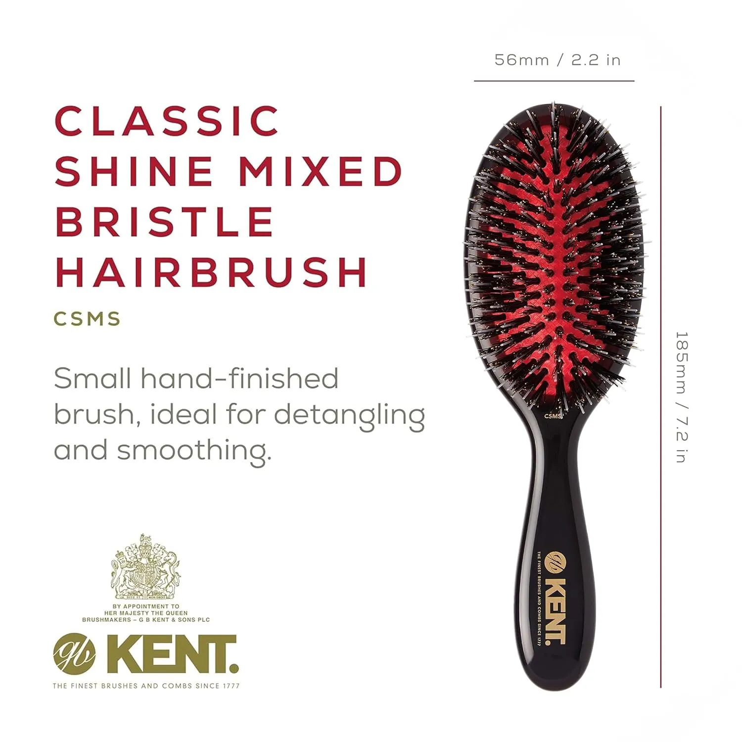 Kent CSMS Classic Shine Small Oval Cushion Straightening Brush - Natural Black Boar Bristle Hair Brush with Nylon Quills - Shine Hair Brush and Scalp Scrubber for Short to Shoulder Length Hair