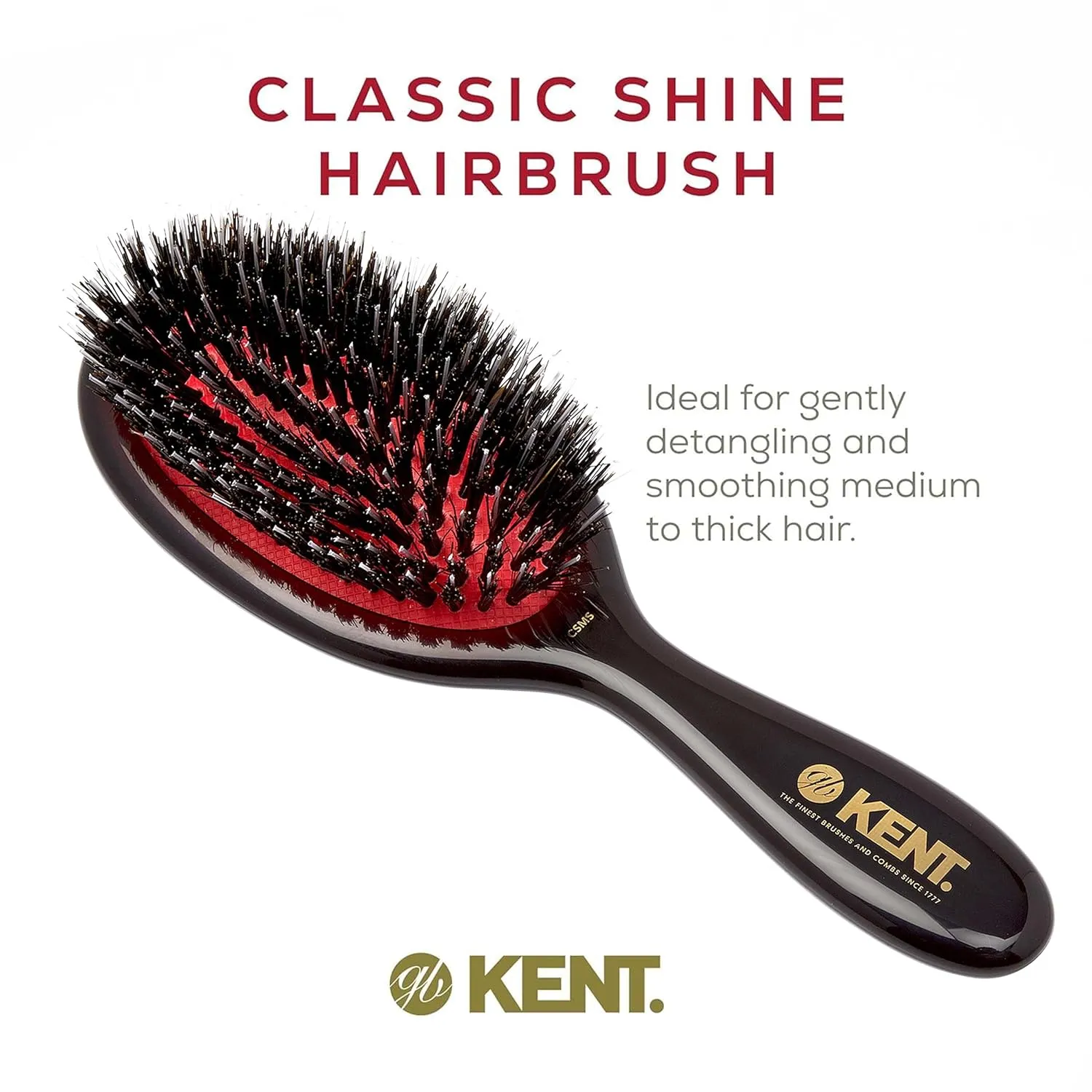 Kent CSMS Classic Shine Small Oval Cushion Straightening Brush - Natural Black Boar Bristle Hair Brush with Nylon Quills - Shine Hair Brush and Scalp Scrubber for Short to Shoulder Length Hair