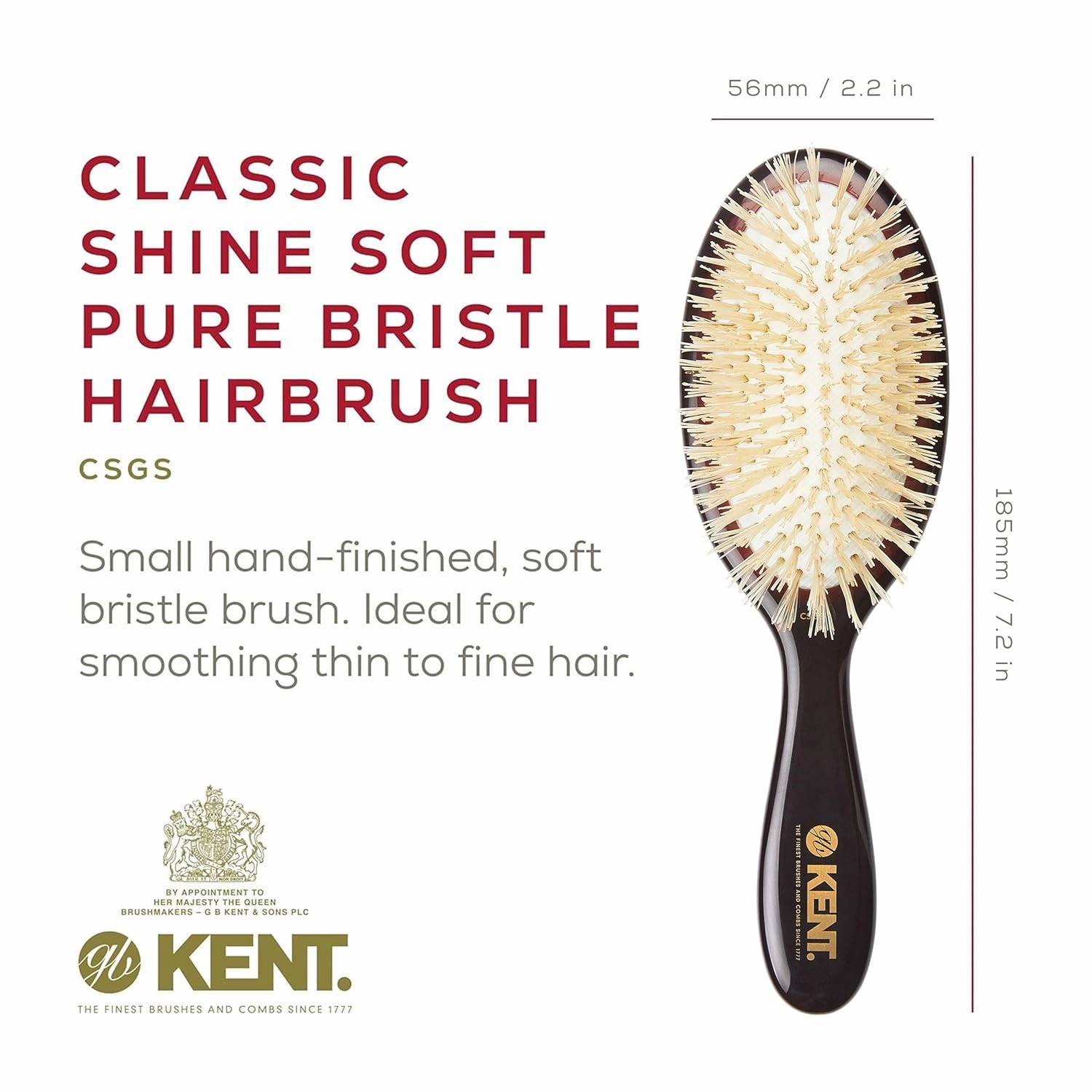 Kent CSGS Classic Shine Small Oval Cushion Straightening Brush and Hair Detangler Natural White Boar Bristle Hair Brush, Shine Hair Brush and Scalp Scrubber for Mid-Length Fine or Thinning Hair