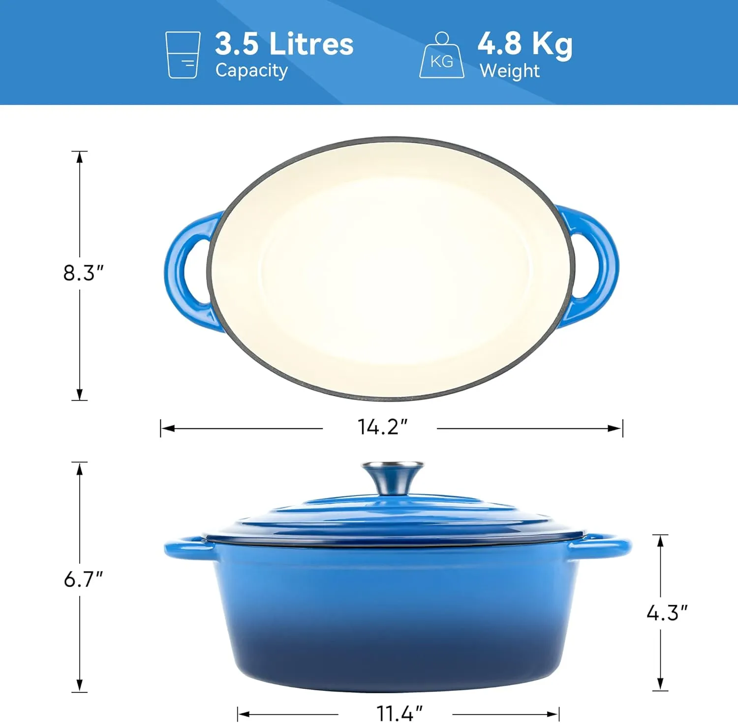 Kerilyn 4.5 Quart Enameled Oval Dutch Oven Pot with Lid and Dual Handles, Cast Iron Dutch Oven for Cooking, Bread Baking, Non-stick Enamel Coated Cookware (Blue)