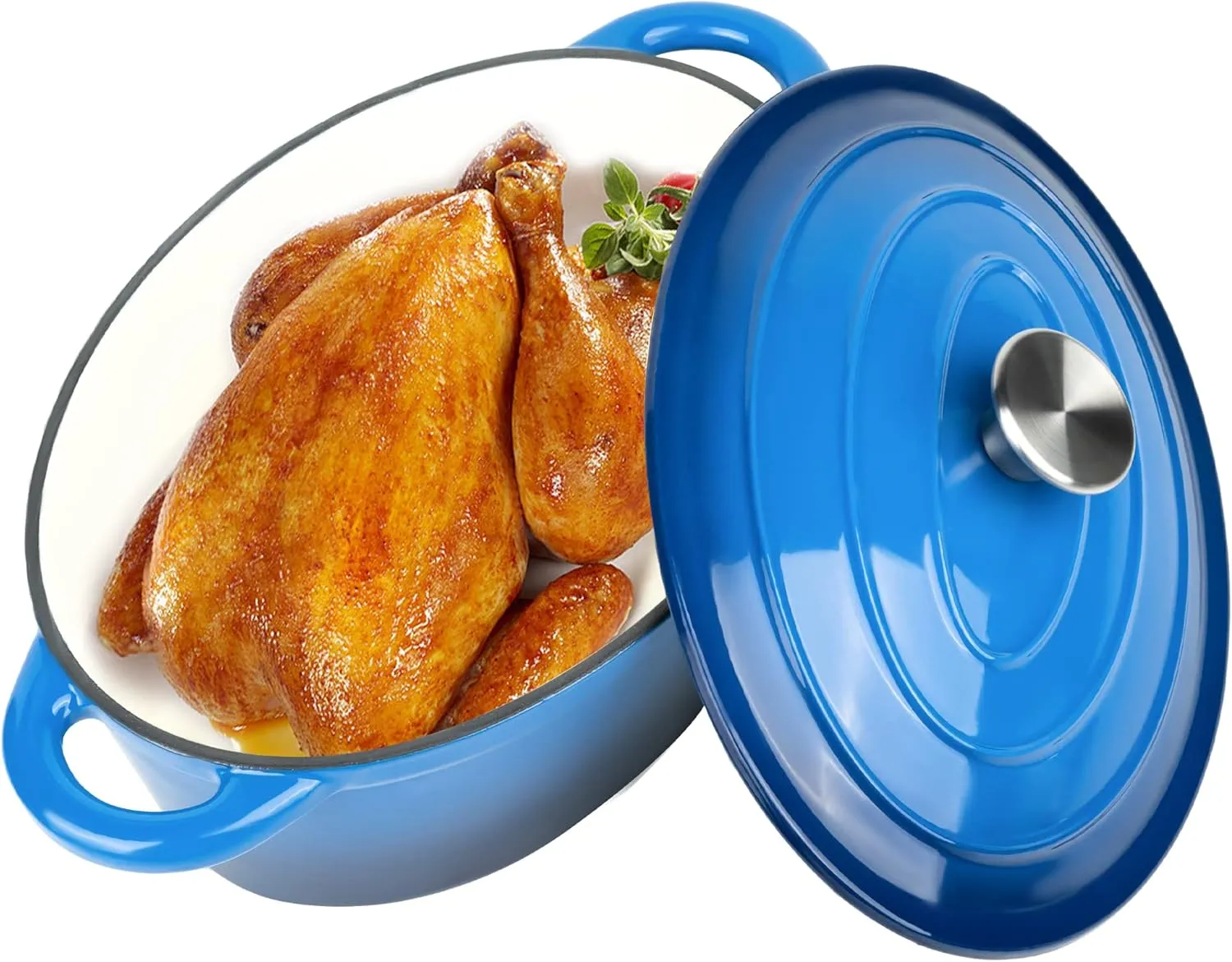 Kerilyn 4.5 Quart Enameled Oval Dutch Oven Pot with Lid and Dual Handles, Cast Iron Dutch Oven for Cooking, Bread Baking, Non-stick Enamel Coated Cookware (Blue)