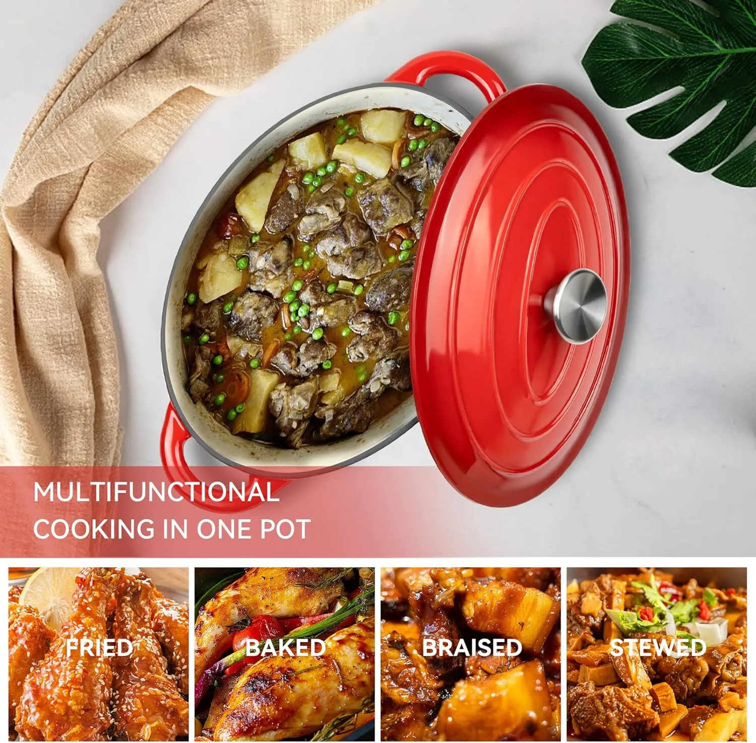 Kerilyn 4.5 Quart Enameled Oval Dutch Oven Pot with Lid and Dual Handles, Cast Iron Dutch Oven for Cooking, Bread Baking, Non-stick Enamel Coated Cookware (Red)