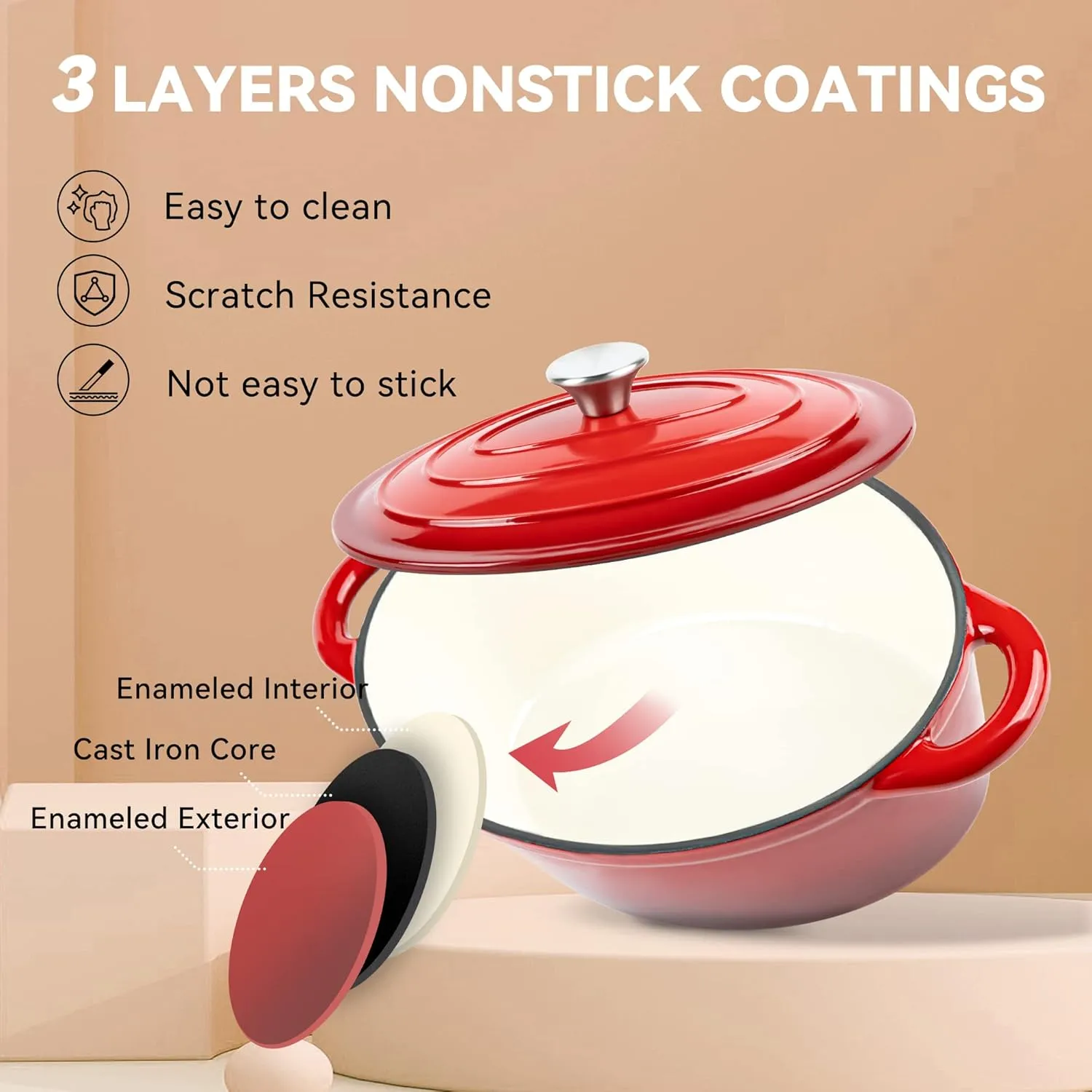 Kerilyn 4.5 Quart Enameled Oval Dutch Oven Pot with Lid and Dual Handles, Cast Iron Dutch Oven for Cooking, Bread Baking, Non-stick Enamel Coated Cookware (Red)