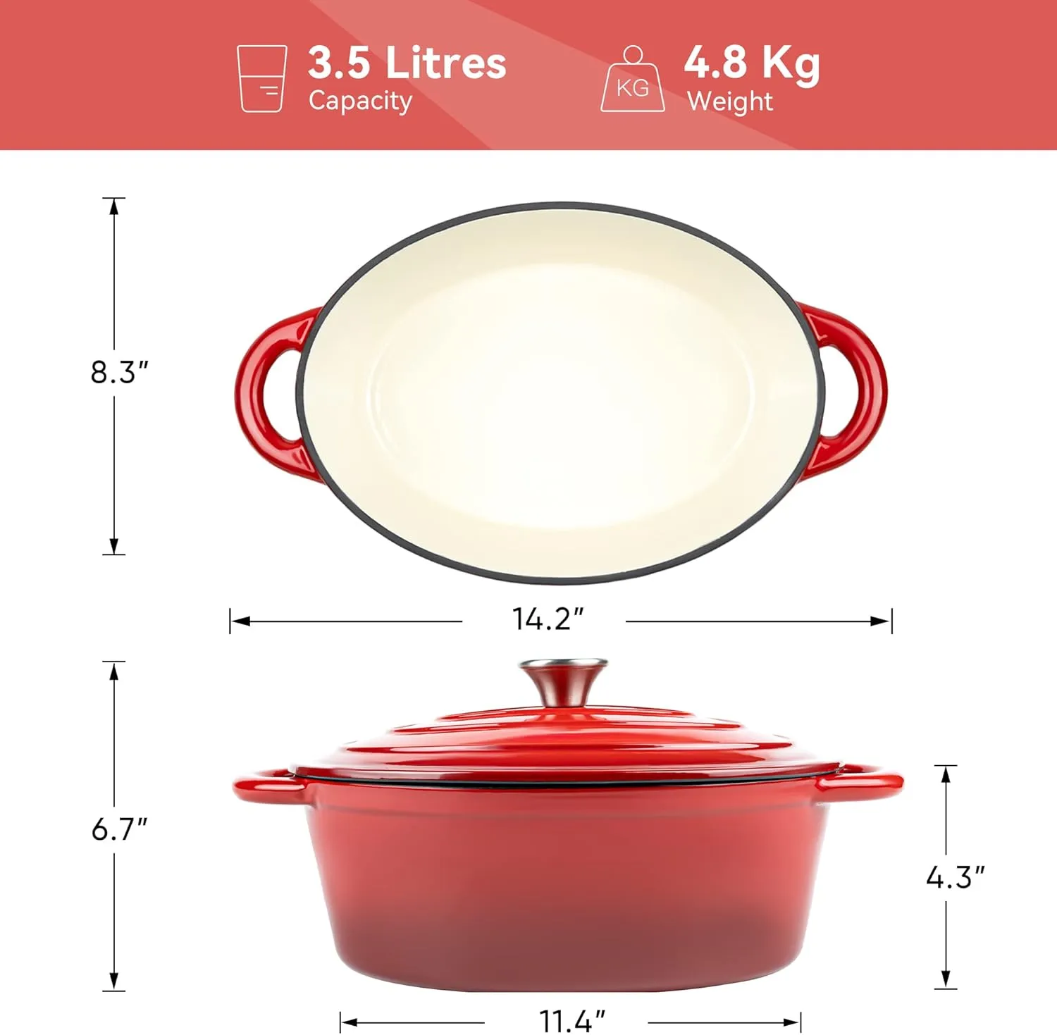 Kerilyn 4.5 Quart Enameled Oval Dutch Oven Pot with Lid and Dual Handles, Cast Iron Dutch Oven for Cooking, Bread Baking, Non-stick Enamel Coated Cookware (Red)