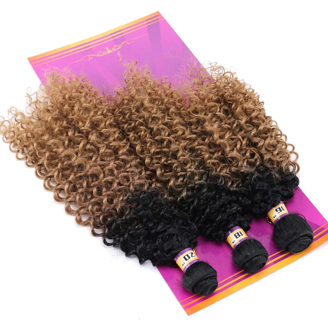 Kinky Curly Synthetic Hair Weave 3 Bundles 16 18 20 Inches Black and Golden Blonde Ombre Colored Hair Extensions