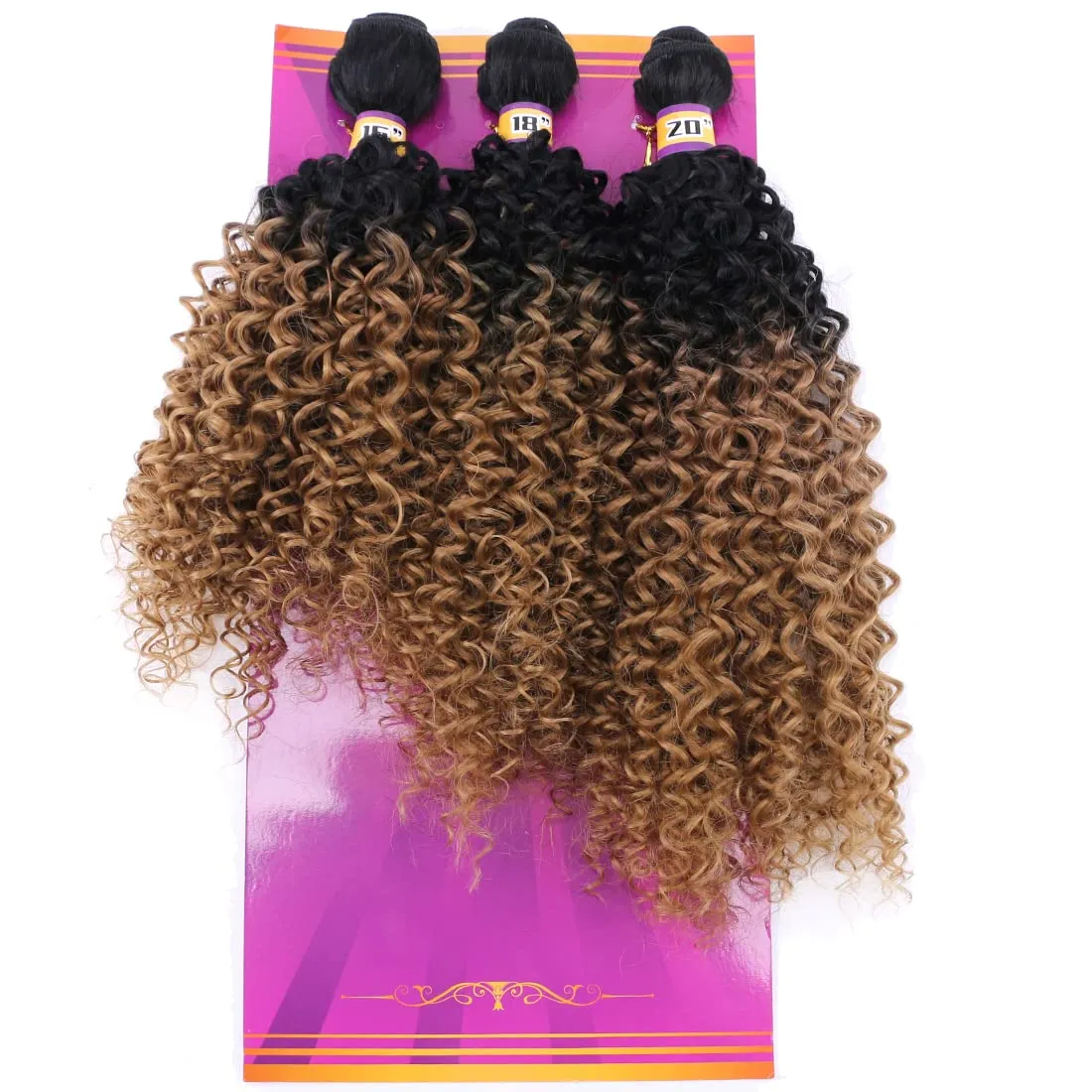 Kinky Curly Synthetic Hair Weave 3 Bundles 16 18 20 Inches Black and Golden Blonde Ombre Colored Hair Extensions
