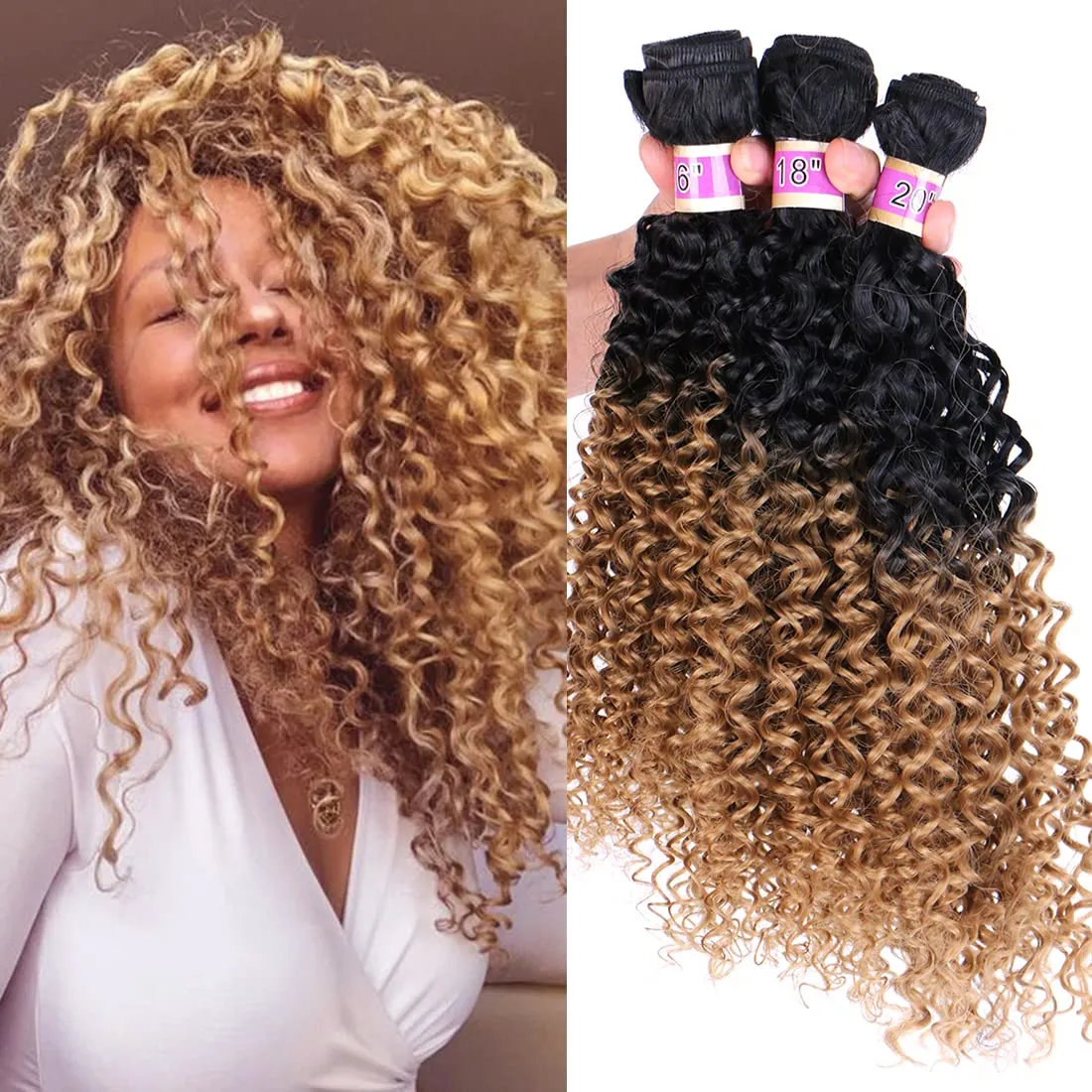 Kinky Curly Synthetic Hair Weave 3 Bundles 16 18 20 Inches Black and Golden Blonde Ombre Colored Hair Extensions