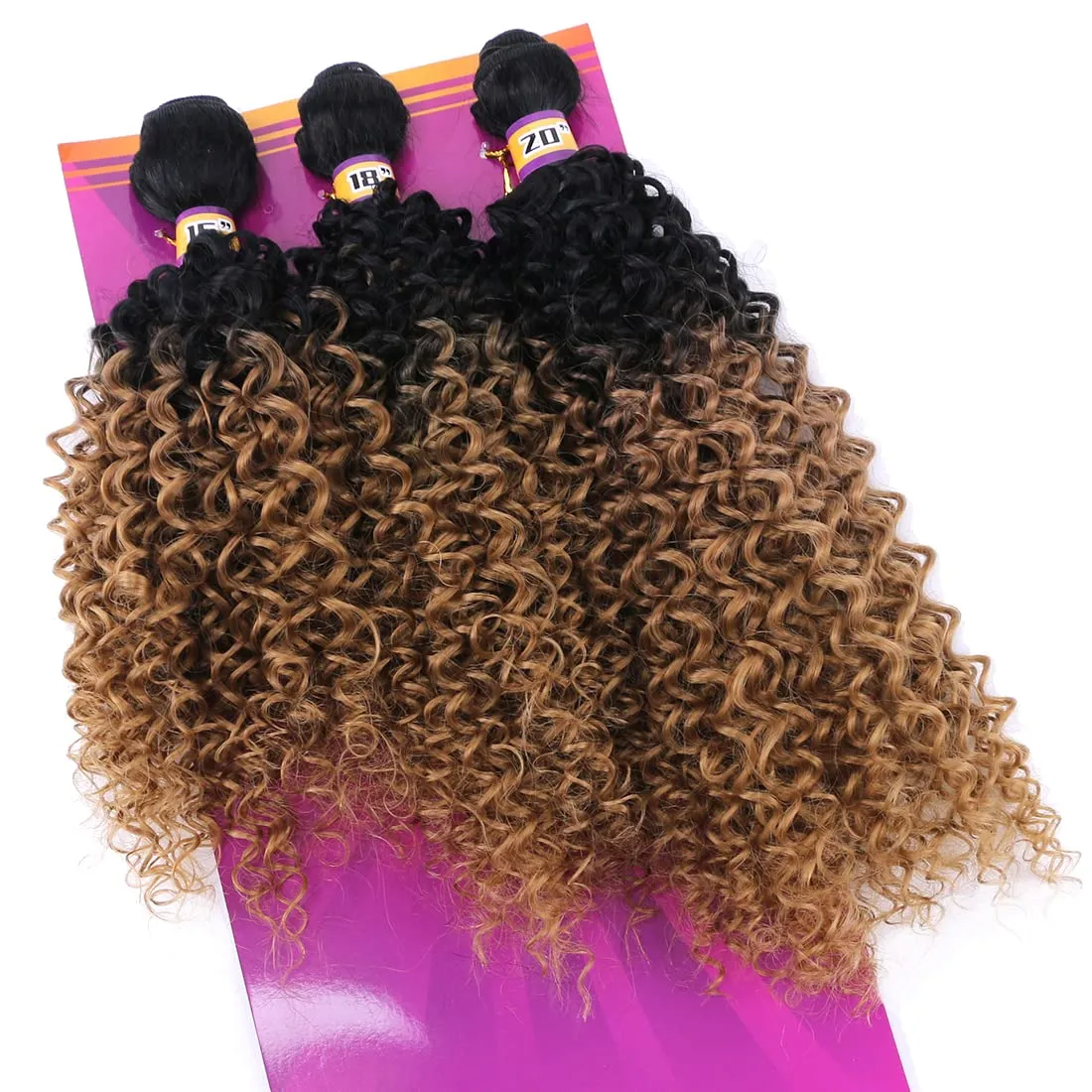 Kinky Curly Synthetic Hair Weave 3 Bundles 16 18 20 Inches Black and Golden Blonde Ombre Colored Hair Extensions