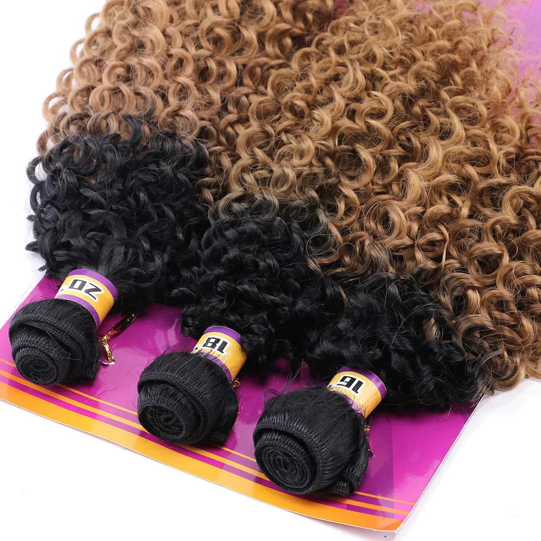 Kinky Curly Synthetic Hair Weave 3 Bundles 16 18 20 Inches Black and Golden Blonde Ombre Colored Hair Extensions