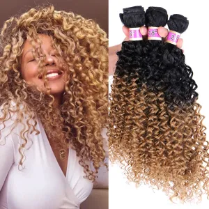 Kinky Curly Synthetic Hair Weave 3 Bundles 16 18 20 Inches Black and Golden Blonde Ombre Colored Hair Extensions