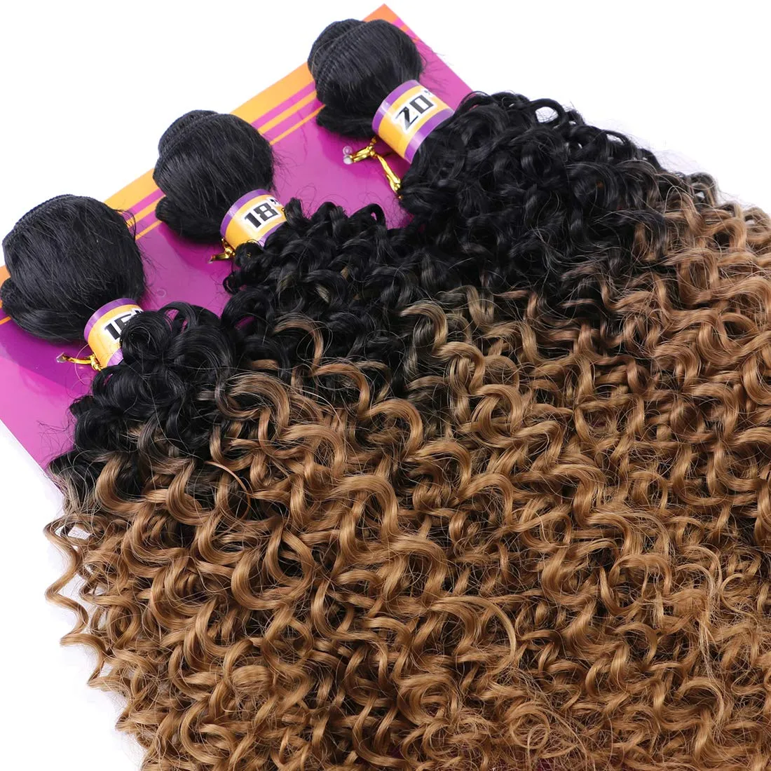Kinky Curly Synthetic Hair Weave 3 Bundles 16 18 20 Inches Black and Golden Blonde Ombre Colored Hair Extensions