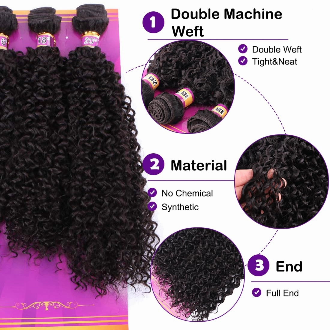 Kinky Curly Hair Bundles 16 18 20 Inches 3 Pieces One Pack Quick Weave Hair Bundles Soft Curly Synthetic Hair Extensions for Women(Color 2)