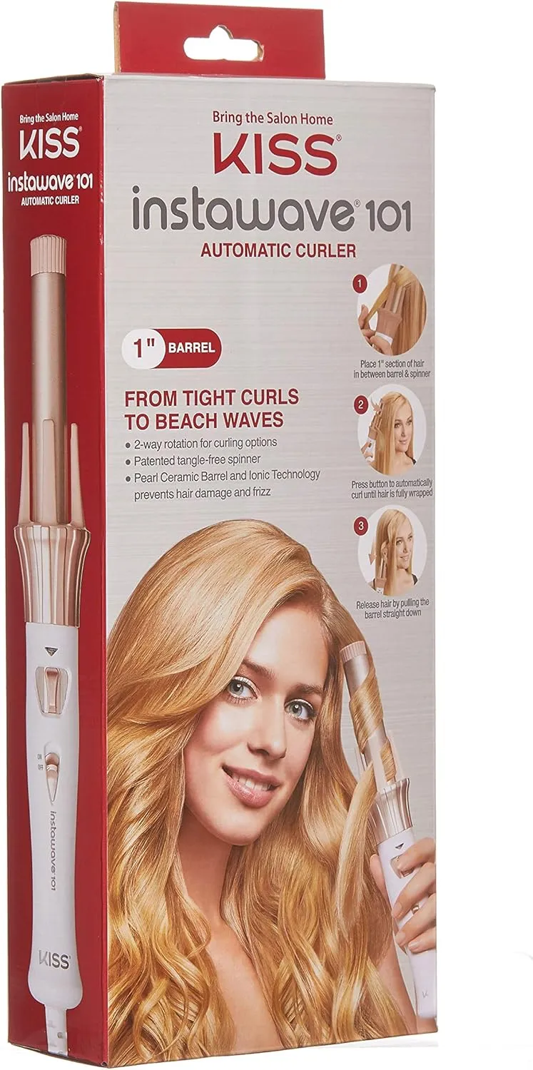 KISS Instawave 101 Automatic Rotating Curling Iron, 1 Inch Pearl Ceramic Tourmaline Barrel Heats Up to 400°, 2 Directional Spinner, Rose Gold Finish, 1.07 Lbs.