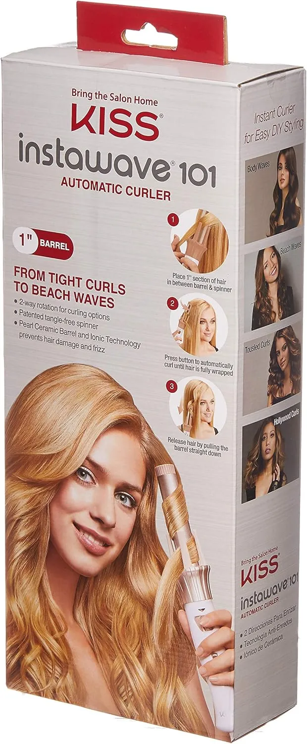 KISS Instawave 101 Automatic Rotating Curling Iron, 1 Inch Pearl Ceramic Tourmaline Barrel Heats Up to 400°, 2 Directional Spinner, Rose Gold Finish, 1.07 Lbs.