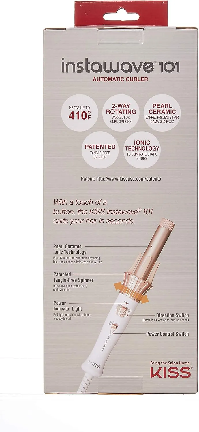 KISS Instawave 101 Automatic Rotating Curling Iron, 1 Inch Pearl Ceramic Tourmaline Barrel Heats Up to 400°, 2 Directional Spinner, Rose Gold Finish, 1.07 Lbs.