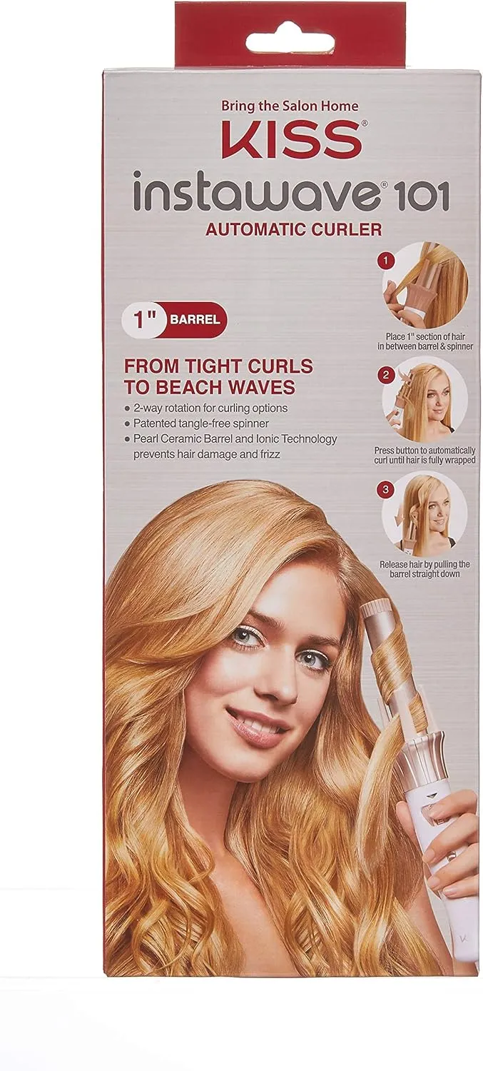 KISS Instawave 101 Automatic Rotating Curling Iron, 1 Inch Pearl Ceramic Tourmaline Barrel Heats Up to 400°, 2 Directional Spinner, Rose Gold Finish, 1.07 Lbs.