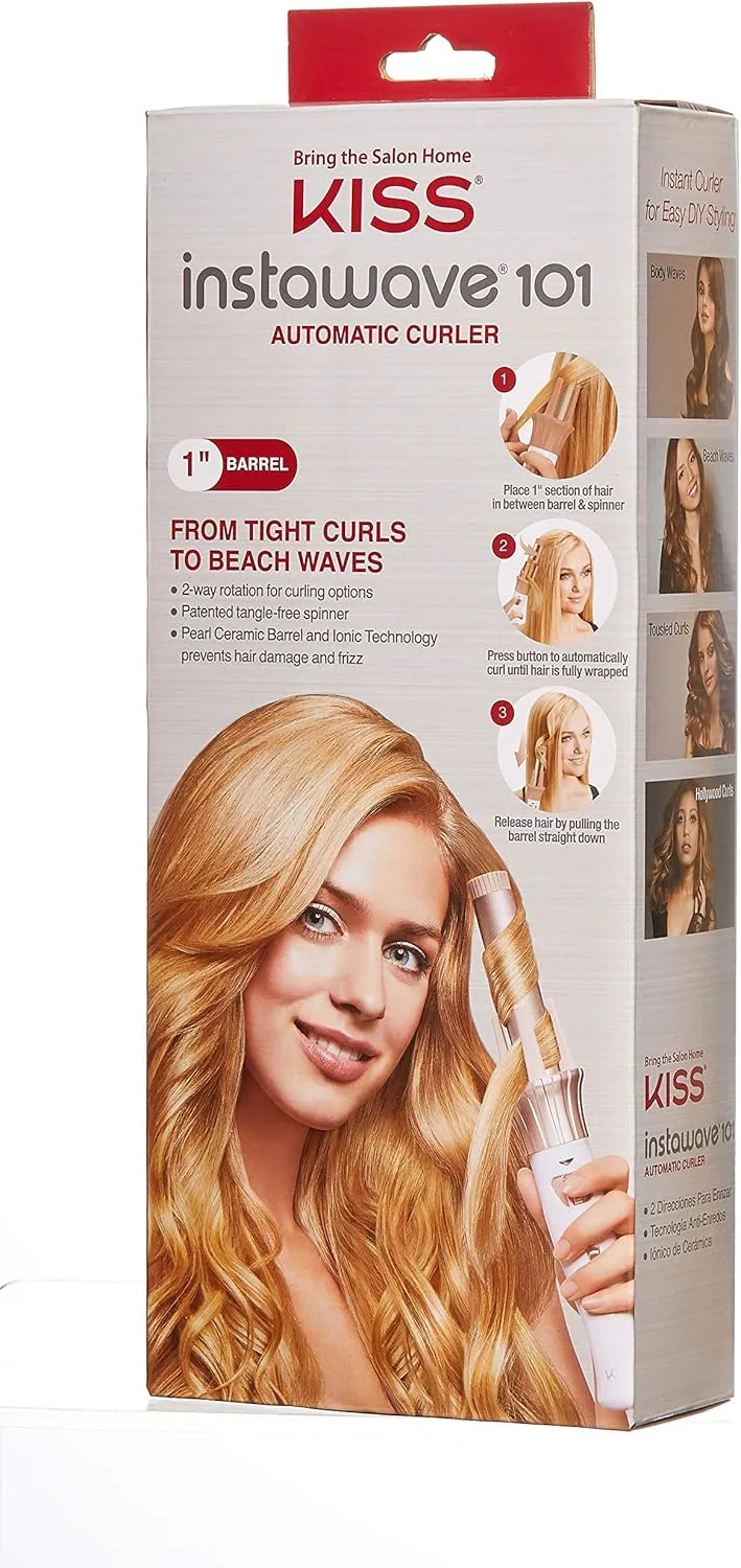 KISS Instawave 101 Automatic Rotating Curling Iron, 1 Inch Pearl Ceramic Tourmaline Barrel Heats Up to 400°, 2 Directional Spinner, Rose Gold Finish, 1.07 Lbs.