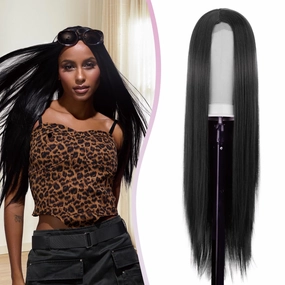 L'veetie Long Black Wig, 13x6 Lace Front Straight Wig, 28 inch Middle Part Wig with Pre-Plucked Natural Hairline, Synthetic Heat Resistant Wigs for Women Daily Party Use