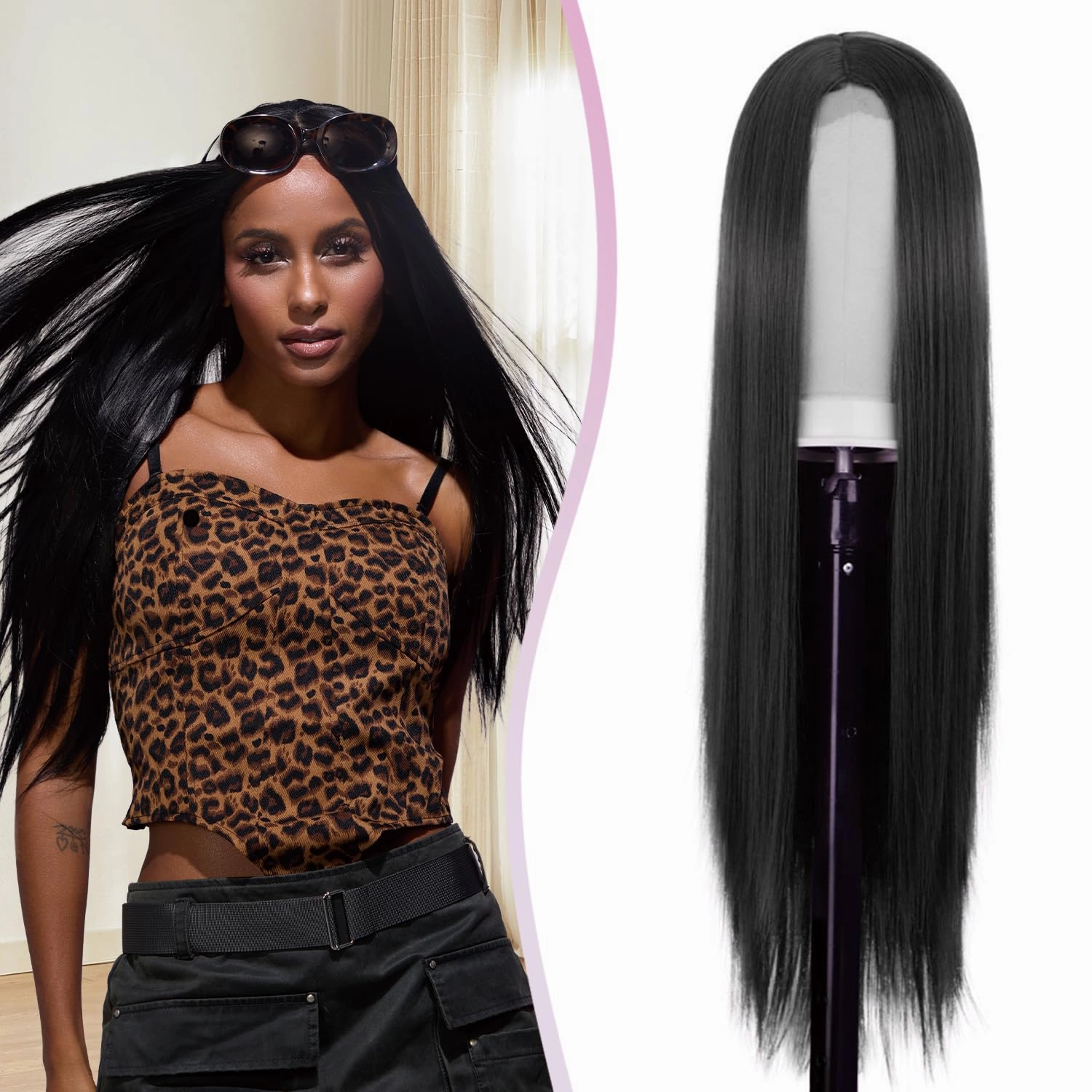 L'veetie Long Black Wig, 13x6 Lace Front Straight Wig, 28 inch Middle Part Wig with Pre-Plucked Natural Hairline, Synthetic Heat Resistant Wigs for Women Daily Party Use