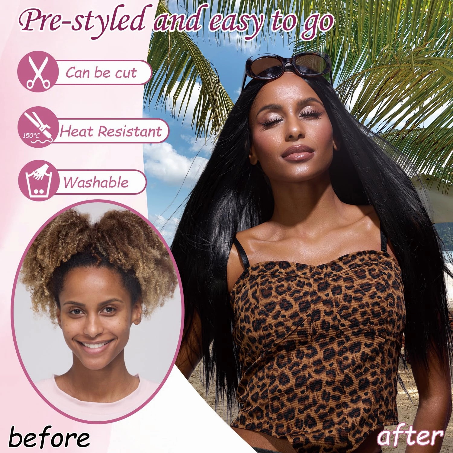 L'veetie Long Black Wig, 13x6 Lace Front Straight Wig, 28 inch Middle Part Wig with Pre-Plucked Natural Hairline, Synthetic Heat Resistant Wigs for Women Daily Party Use