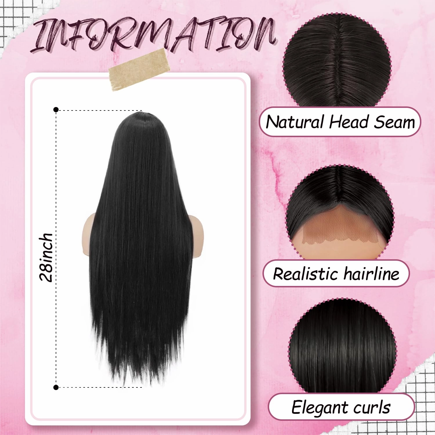 L'veetie Long Black Wig, 13x6 Lace Front Straight Wig, 28 inch Middle Part Wig with Pre-Plucked Natural Hairline, Synthetic Heat Resistant Wigs for Women Daily Party Use