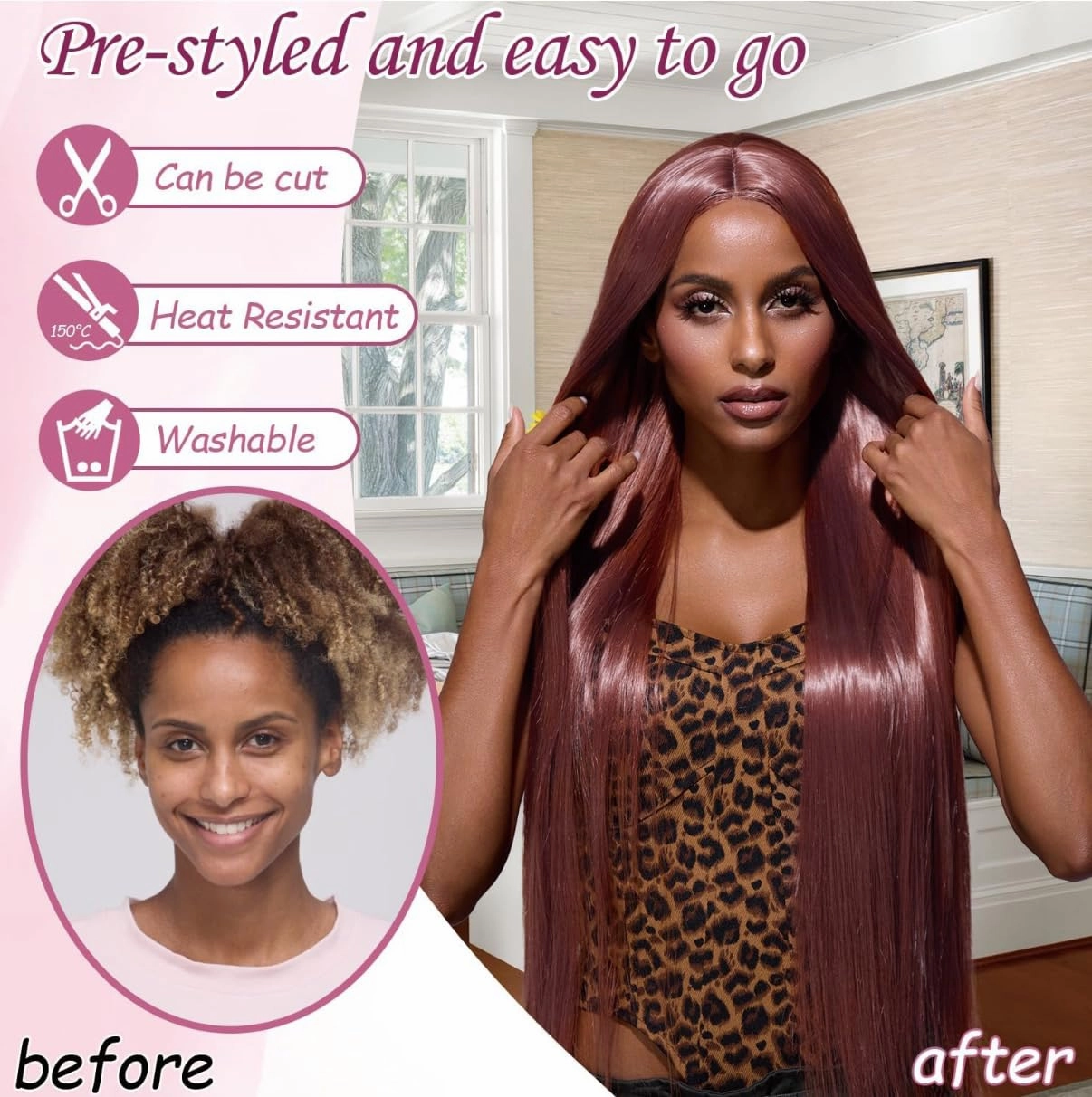 L'veetie Red Hair Wigs, Synthetic Pre Plucked 28 Inch Long Straight Burgundy Wig for Women, Glueless Wear to Go Wigs with Middle Part, Heat Resistant Synthetic Red Wigs for Daily Use