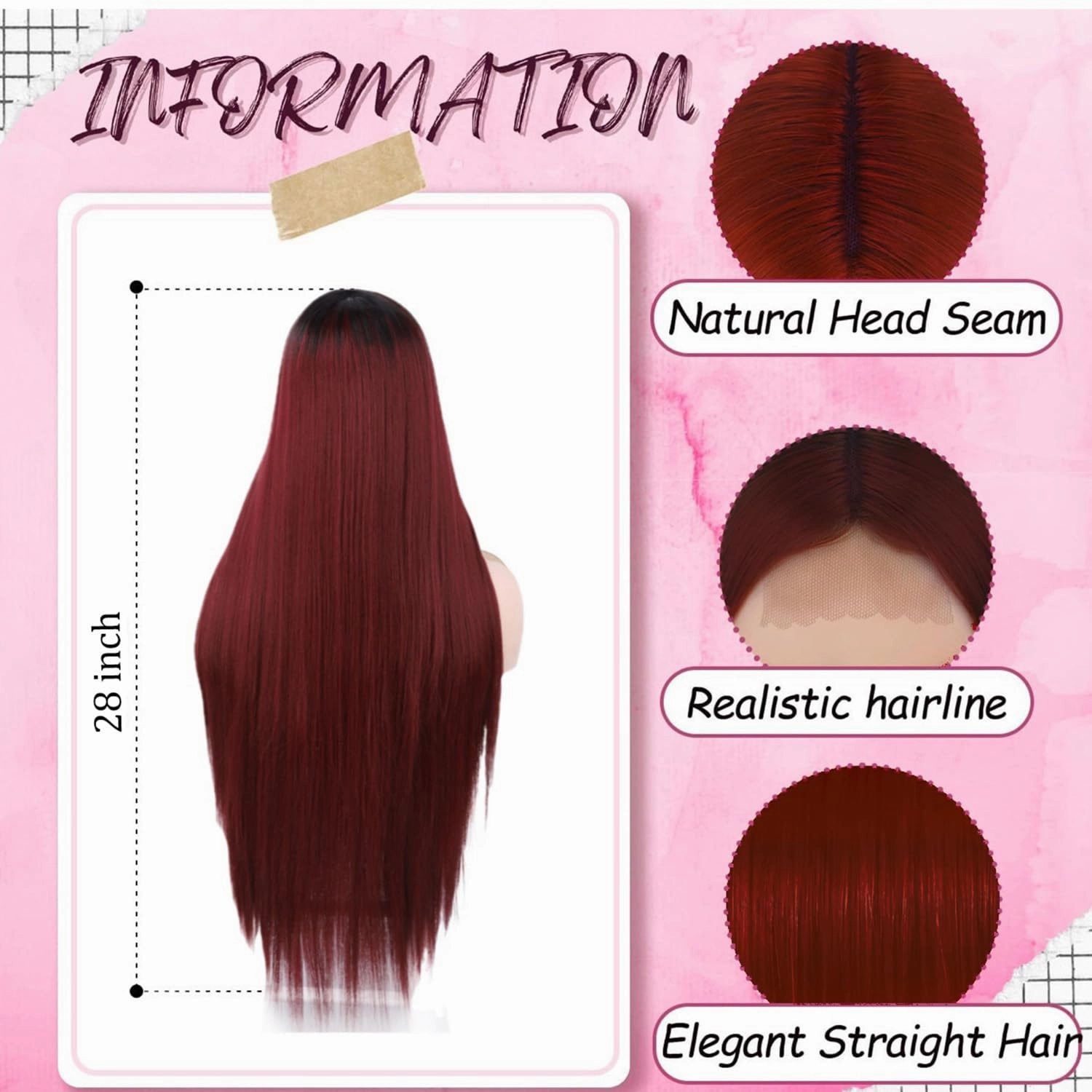 L'veetie Red Hair Wigs, Synthetic Pre Plucked 28 Inch Long Straight Burgundy Wig for Women, Glueless Wear to Go Wigs with Middle Part, Heat Resistant Synthetic Red Wigs for Daily Use