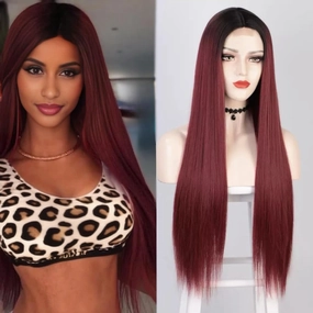 L'veetie Red Hair Wigs, Synthetic Pre Plucked 28 Inch Long Straight Burgundy Wig for Women, Glueless Wear to Go Wigs with Middle Part, Heat Resistant Synthetic Red Wigs for Daily Use