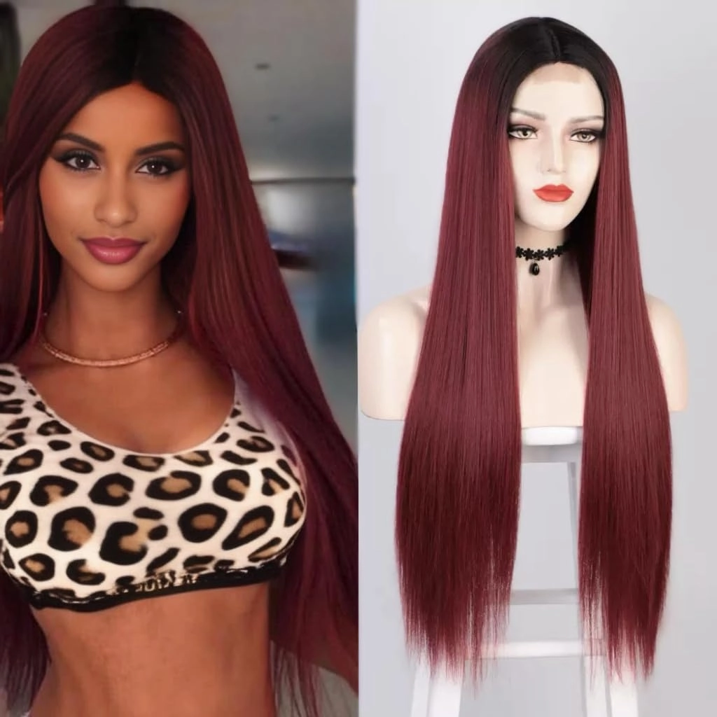 L'veetie Red Hair Wigs, Synthetic Pre Plucked 28 Inch Long Straight Burgundy Wig for Women, Glueless Wear to Go Wigs with Middle Part, Heat Resistant Synthetic Red Wigs for Daily Use