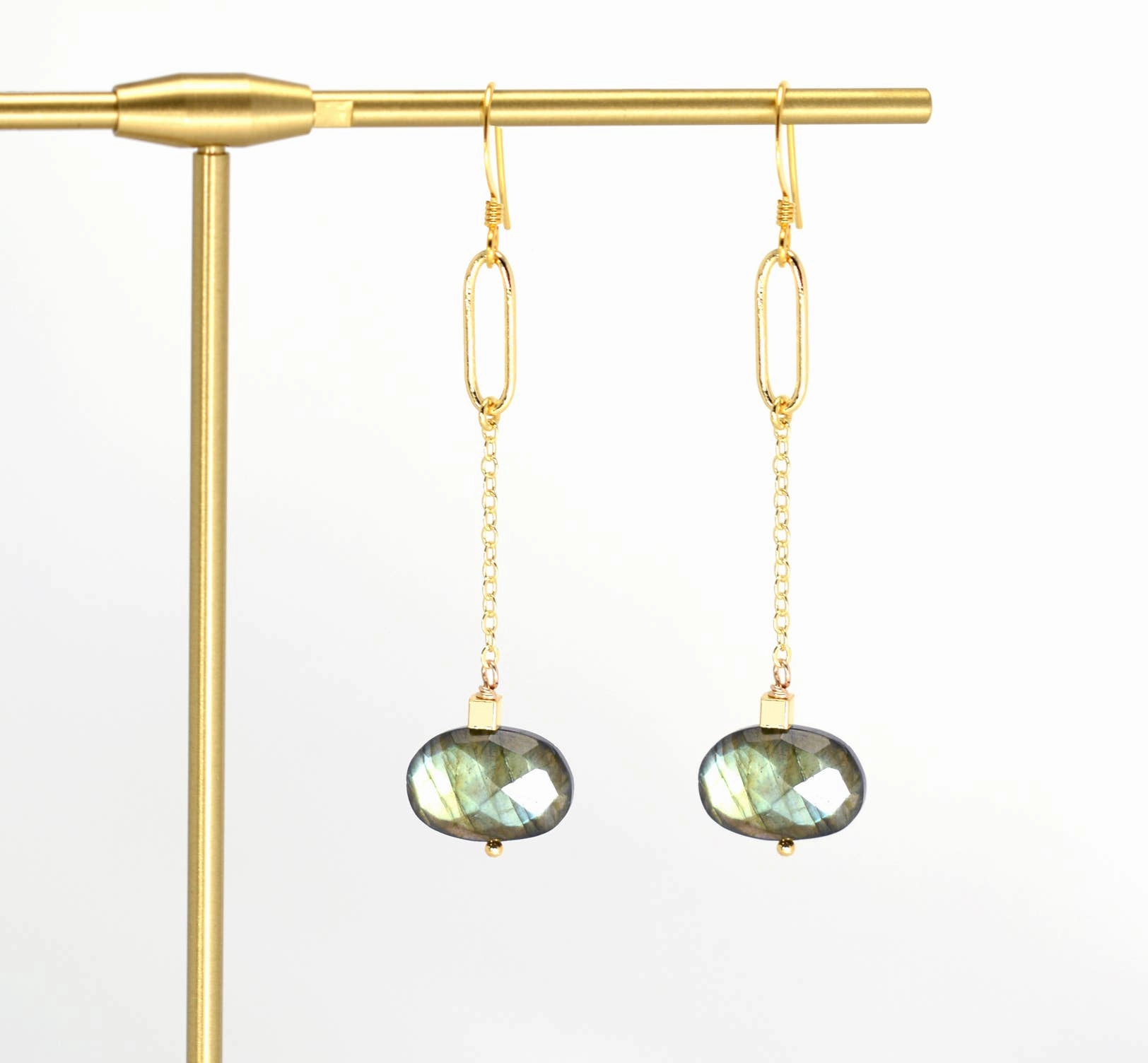 Labradorite Oval and Gold Chain Earrings | Edgy Petal Jewelry