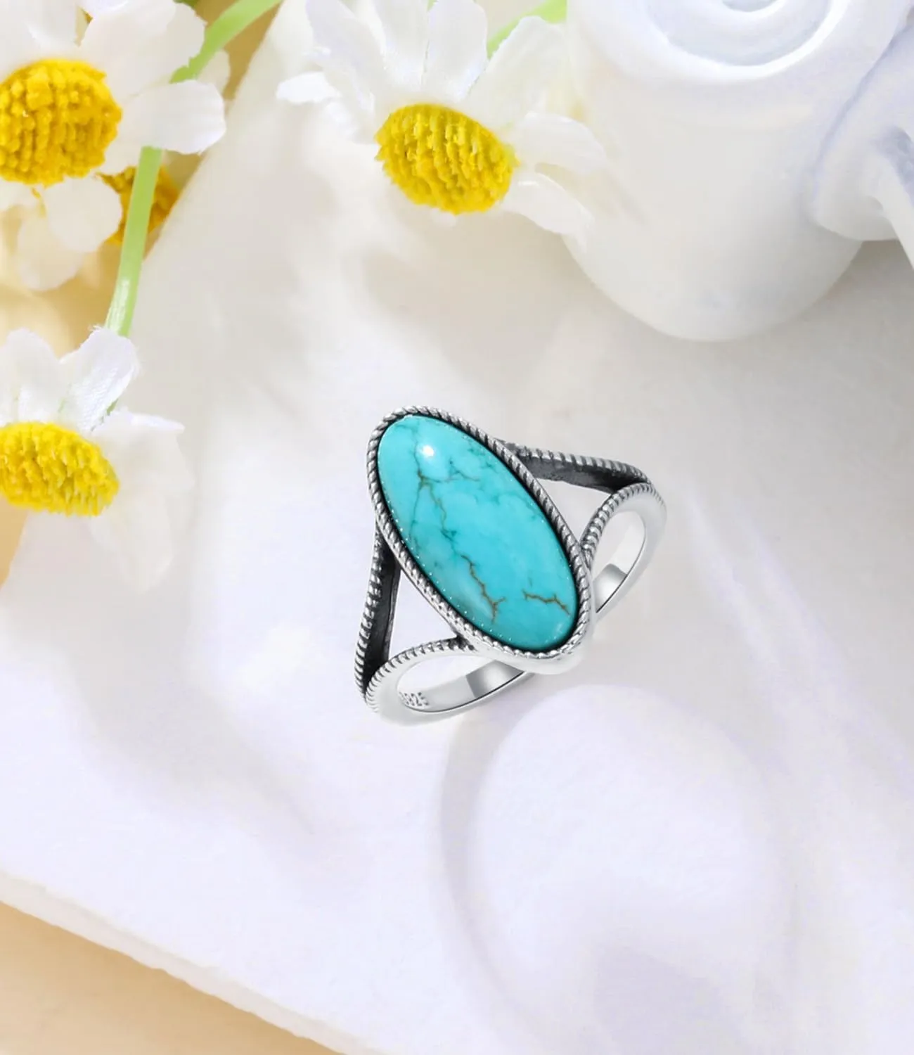 Large Authentic Turquoise Rings Women 925 Sterling Silver Genuine Native American Jewelry Vintage Boho Style Oval Rings for Mom Wife