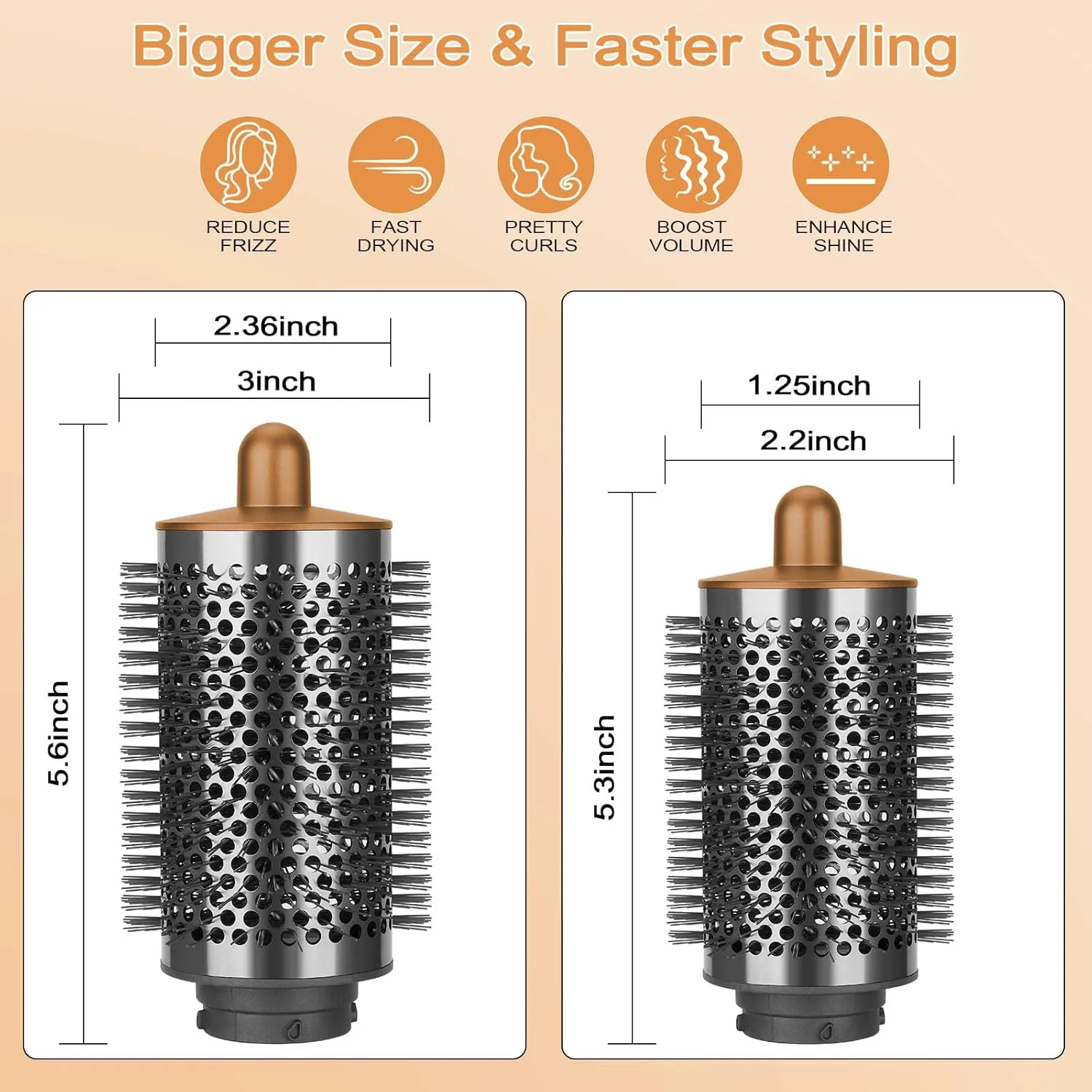 Large Round Volumizing Brush Compatible with Dyson Airwrap Attachments, Bigger Oval Round Brush Attachment with Hair Brush Cleaner Tool, Fluff up and Volumize for Styling, Gold