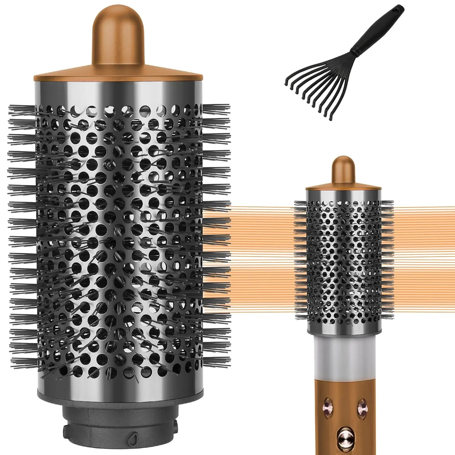Large Round Volumizing Brush Compatible with Dyson Airwrap Attachments, Bigger Oval Round Brush Attachment with Hair Brush Cleaner Tool, Fluff up and Volumize for Styling, Gold