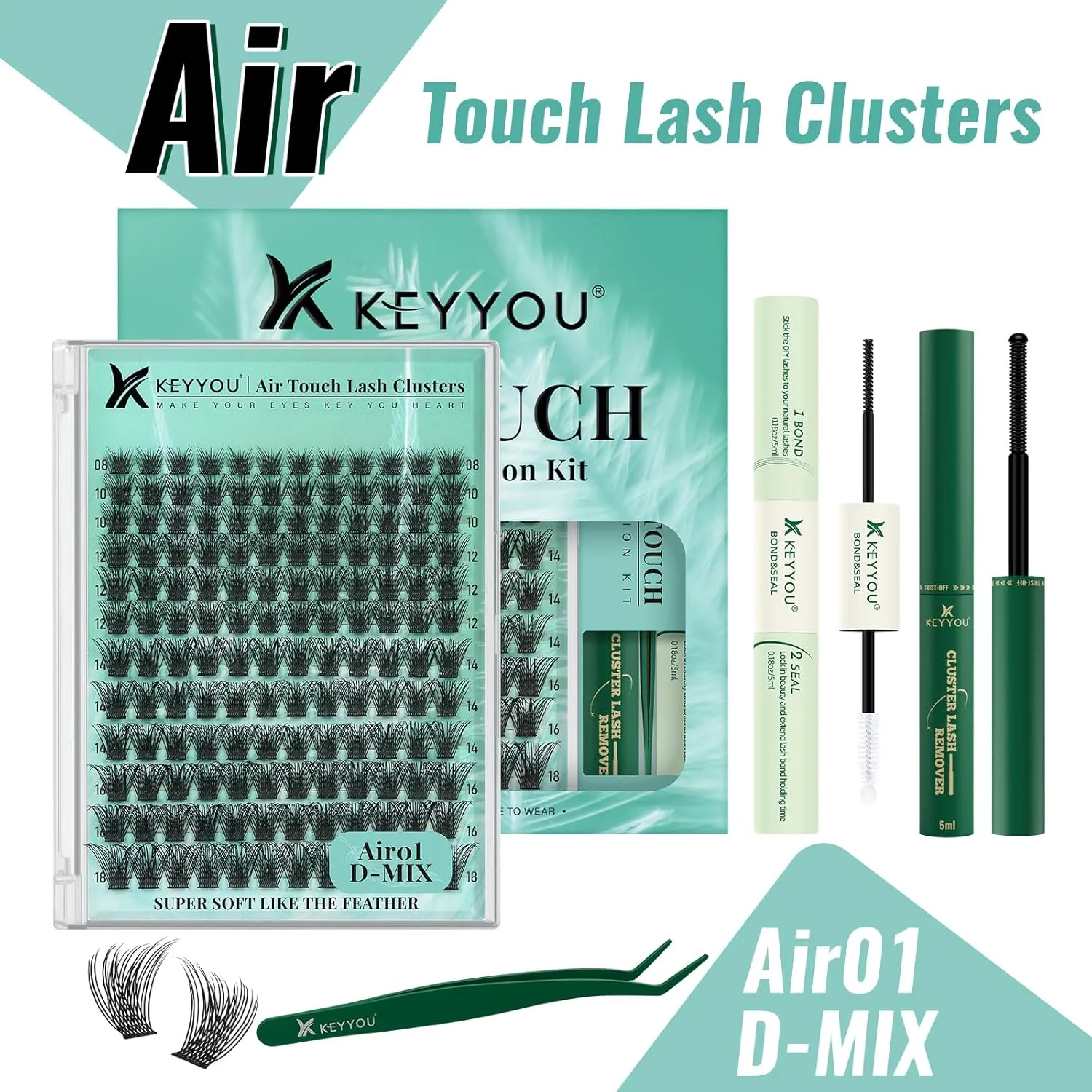 Lash Extension Kit 144pcs Air Touch Lash Clusters with Bond and Seal Lash Applicator Remover D Curl DIY Eyelash Extension Kit Easy to Apply at Home(Air01Kit-D-8-18Mix)