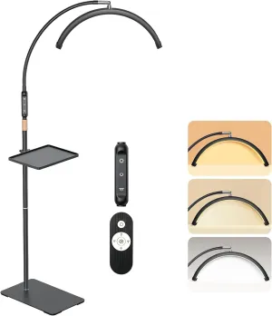 Lash Light, Half Moon Lamp with Tool Tray, LED Floor Lamp for Eyelash Extensions, Nail Art, Tattoo Art and Skincare, Adjustable Color Modes and Flexible Gooseneck (Black)