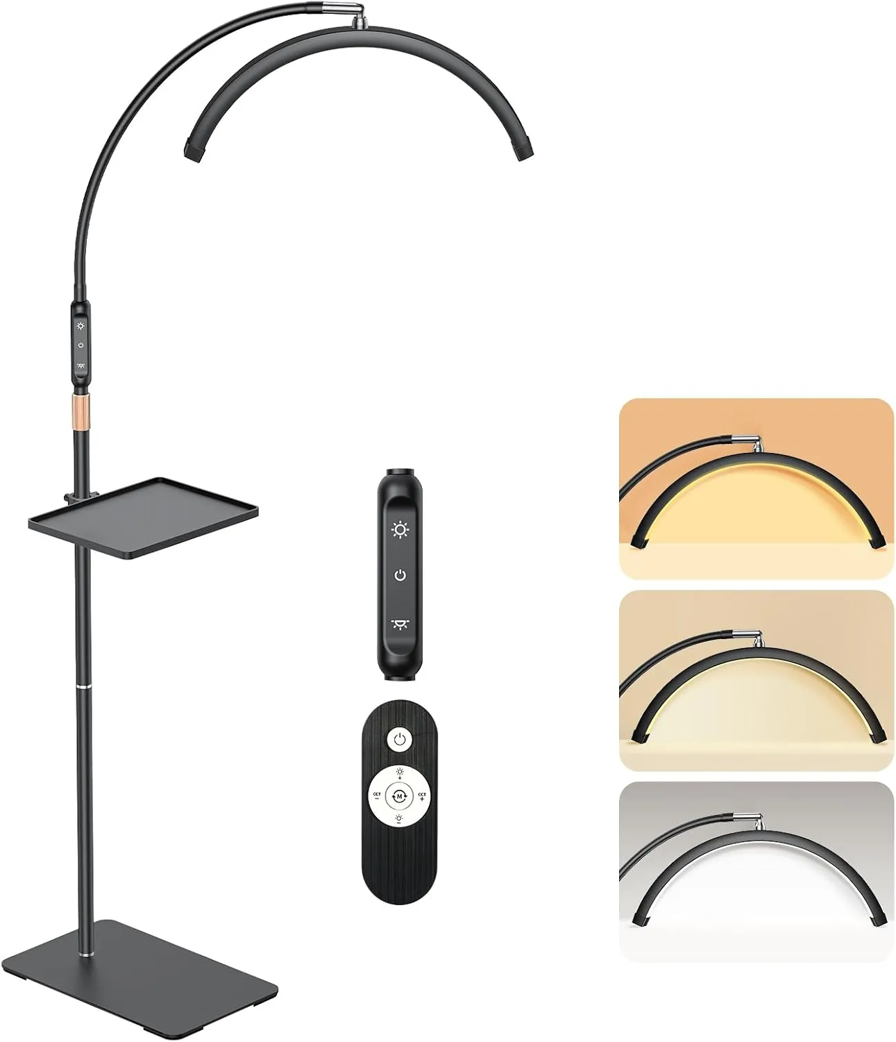 Lash Light, Half Moon Lamp with Tool Tray, LED Floor Lamp for Eyelash Extensions, Nail Art, Tattoo Art and Skincare, Adjustable Color Modes and Flexible Gooseneck (Black)