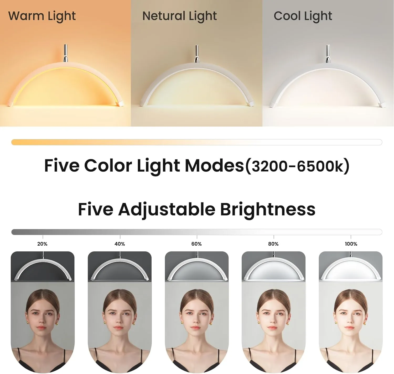 Lash Light, Half Moon Lamp with Tool Tray, LED Floor Lamp for Eyelash Extensions, Nail Art, Tattoo Art and Skincare, Adjustable Color Modes and Flexible Gooseneck (White)