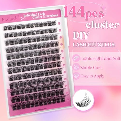 Lash Clusters 10-16mm 144pcs Mixed Tray Individual Lashes D Curl Individual Lashes Cluster Eyelash Extensions DIY Lash Extensions Eyelash Clusters Eyelash Extension Kit at Home (J03-0.07D, 10-16mm)