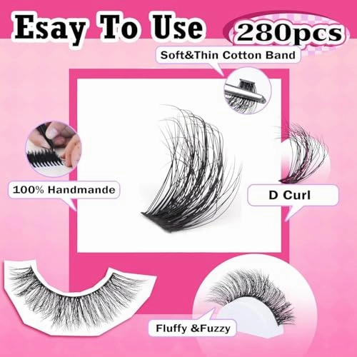 Lash Clusters 280pcs Lashes DIY Lash Extension Eyelash Clusters 40D 9-16mm D Curl Cluster Lashes Extensions Self Application (40D-0.07D-9-16MIX)