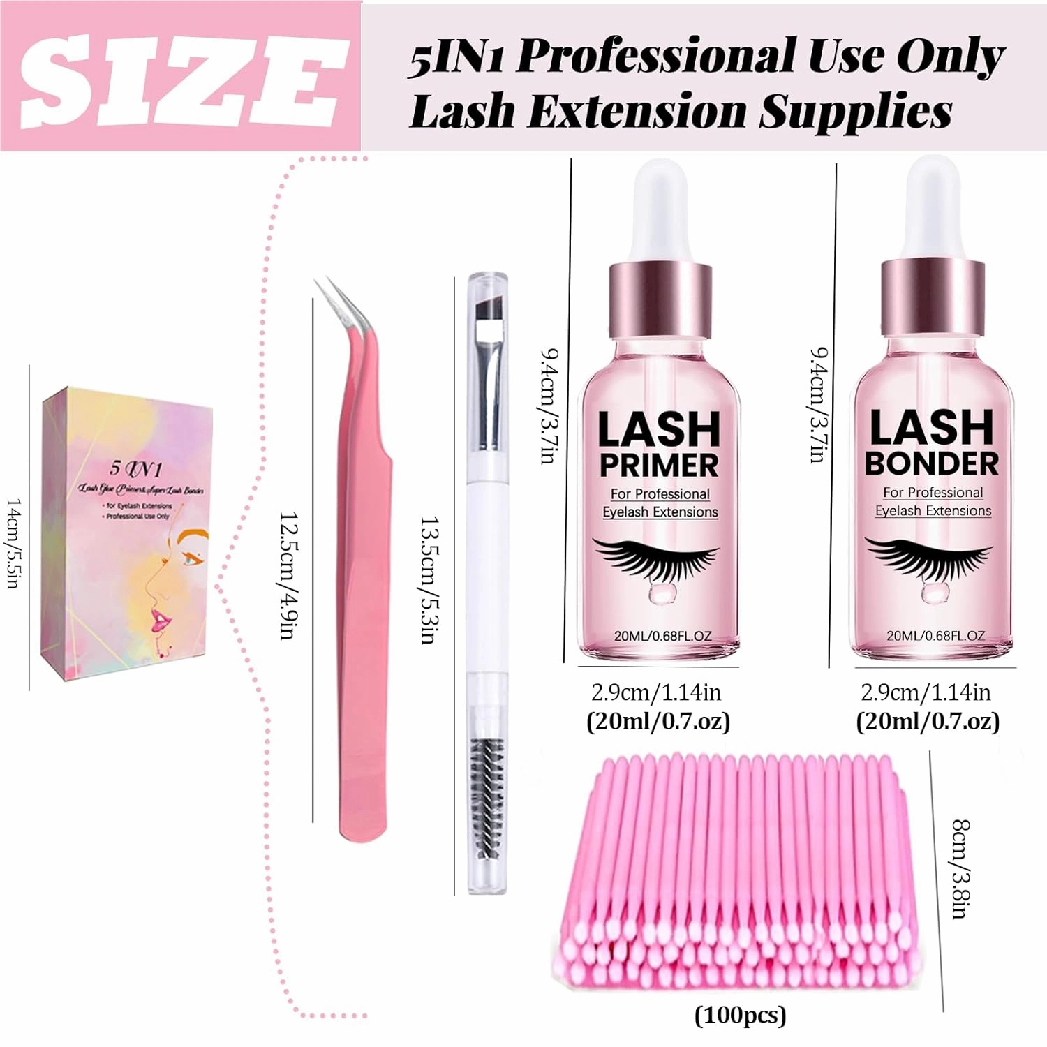 Lash Glue Primer Super Lash Bonder for Eyelash Extensions Kit Instant Cure Adhesive Companion 5IN1 Professional Use Only Lash Extension Supplies with Brush Tweezers Applicator