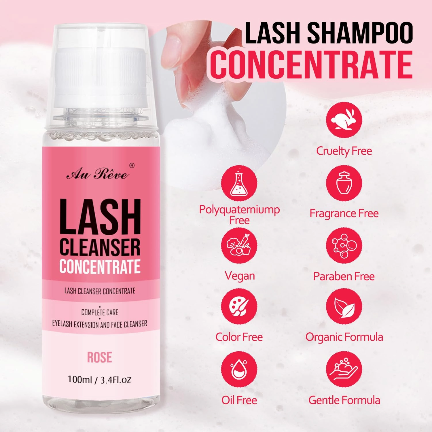 Lash Shampoo Concentrate 100 ml/3.4 fl.oz Lash Cleanser Concentrate Oil Free Eyelash Extension Shampoo for Salon Home Eyelash Care-Can Make 20 bottles of 60ml Lash Shampoo,Rose
